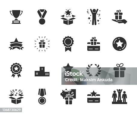 istock Vector set of reward flat icons. Contains icons prize, trophy, winner, gift, loyalty program, bonus card and more. Pixel perfect. 1368730629