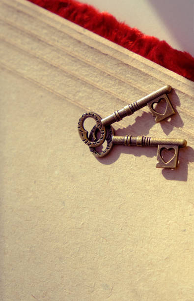 istock Two keys heart hape on old retro notepad , copyspace. Love and  Valentine's concept. 1368734715