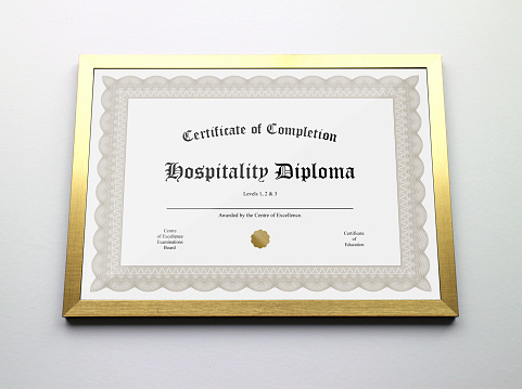 A certificate with hospitality diploma.