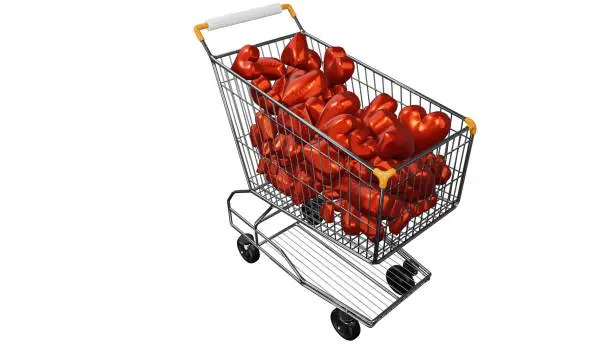 Photo of Red Hearts inside the shopping cart.isolated on a white background with Clipping Path 8K