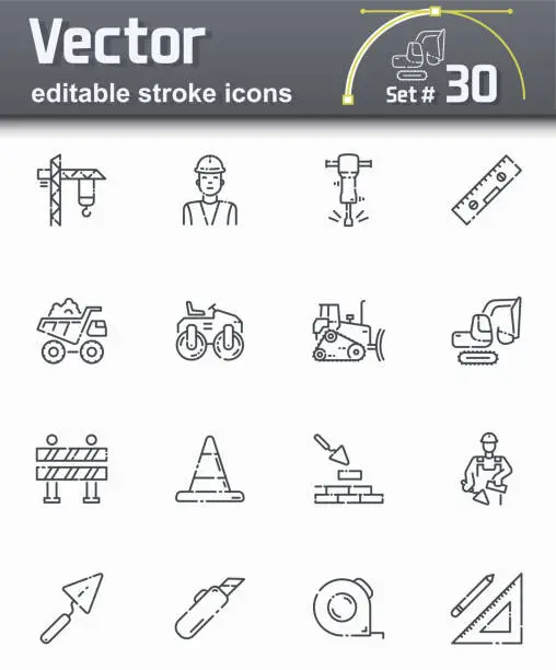 Vector illustration of Set of editable stroke vector construction line icons isolated