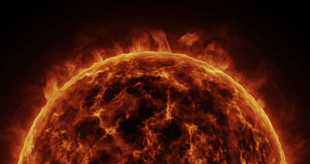 istock Sun Atmosphere on black background. Hot sun flares on the surface. 3D Solar illustration in High Quality. Space view. Science footage. 1368736139