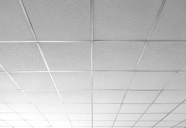 background and texture of white t bar ceiling tiles with nice light gradation in low angle and perspective view - ceiling imagens e fotografias de stock