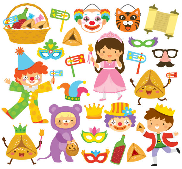 Purim clipart collection Purim clipart set with kids, costumes, cartoon hamantaschen, noise makers, masks, and other holiday symbols. cartoon joker stock illustrations