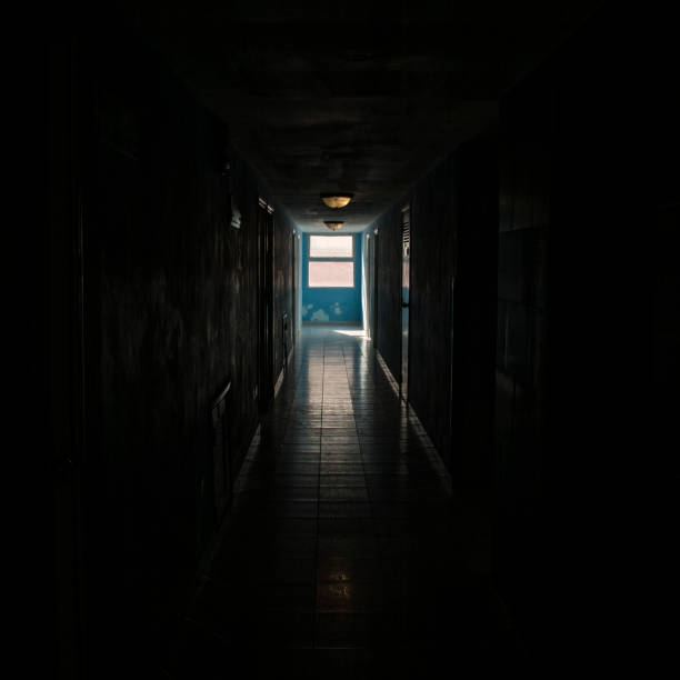 istock Dark corridor with blue door at the end 1368741318
