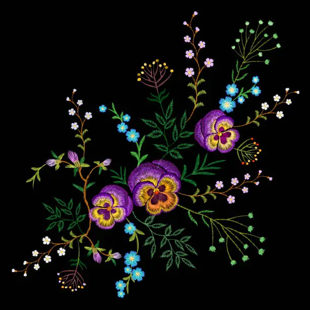 Vector illustration of Embroidery pancies floral pattern small branches wild herb with little blue violet field flower. Ornate traditional folk fashion patch design neckline black background vector illustration