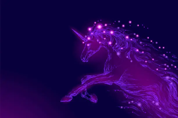 Vector illustration of Purple violet glowing horse unicorn riding night sky star. Creative decoration magical backdrop shining cosmos space horn fairy myth moon light fantasy background vector illustration