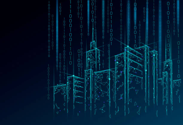 istock Low poly smart city 3D wire mesh. Intelligent building automation system business concept. Binary code number data flow. Architecture urban cityscape technology sketch banner vector illustration 1368743719