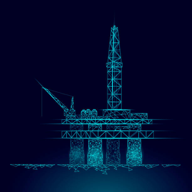 ilustrações de stock, clip art, desenhos animados e ícones de ocean oil gas drilling rig low poly business concept. finance economy polygonal petrol production. petroleum fuel industry offshore extraction derricks line connection dots blue vector illustration - oil rig illustrations