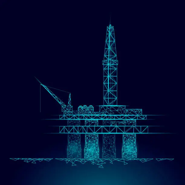 Vector illustration of Ocean oil gas drilling rig low poly business concept. Finance economy polygonal petrol production. Petroleum fuel industry offshore extraction derricks line connection dots blue vector illustration