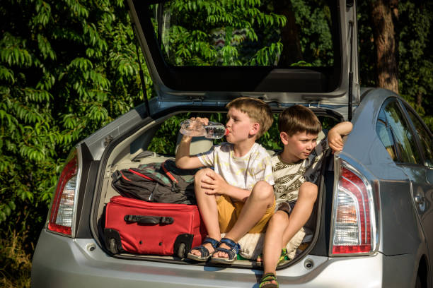 istock Two cute boys sitting in a car trunk before going on vacations with their parents. Two kids looking forward for a road trip or travel. Summer break at school. Family travel by car 1368745856