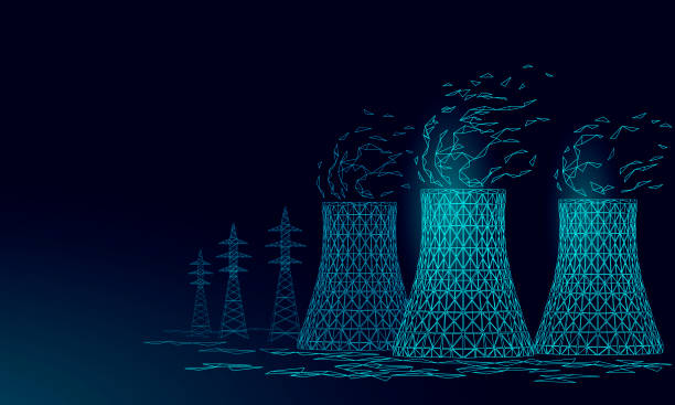 kernkraftwerk kühlung turm low-poly. 3d render ökologie verschmutzung speichern planet umwelt konzept dreieck polygonalen. radioaktiven kernreaktor-strom-vektor-illustration - kernenergie stock-grafiken, -clipart, -cartoons und -symbole