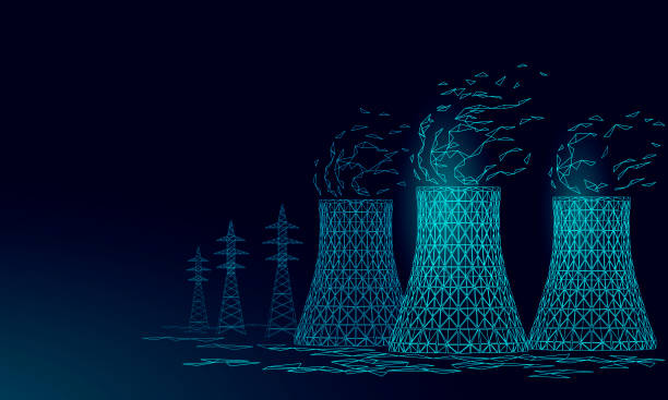 kernkraftwerk kühlung turm low-poly. 3d render ökologie verschmutzung speichern planet umwelt konzept dreieck polygonalen. radioaktiven kernreaktor-strom-vektor-illustration - atom stock-grafiken, -clipart, -cartoons und -symbole