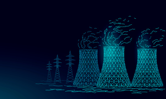 Nuclear power station cooling tower low poly. 3d render ecology pollution save planet environment concept triangle polygonal. Radioactive nuclear reactor electricity vector illustration art