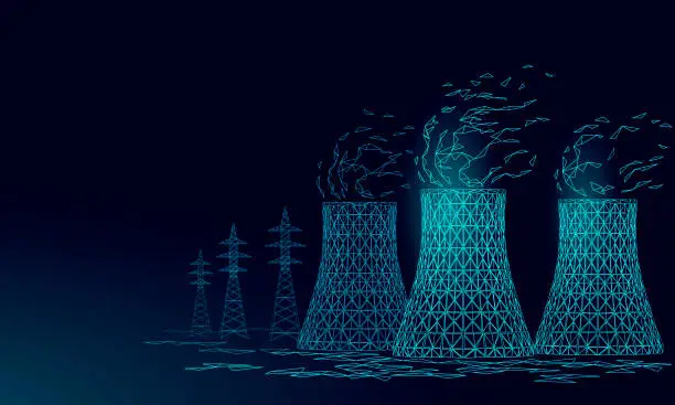 Vector illustration of Nuclear power station cooling tower low poly. 3d render ecology pollution save planet environment concept triangle polygonal. Radioactive nuclear reactor electricity vector illustration