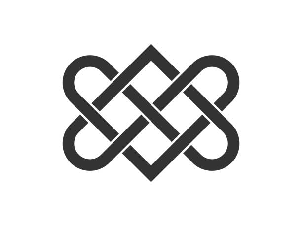 Celtic love knot. Two interlocking hearts. Old ornament symbolizing love. Eternal unity sign. Intertwined ropes. Infinity idea. Endless connection. Sacred geometry. Vector illustration, flat, clip art ropes tied together stock illustrations