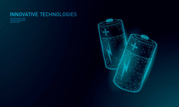 istock Fully charged polygonal alkaline battery. Energy power storage electric rechargeable supply. Blue glowing low poly polygon particle space dark sky industry technology concept vector illustration 1368746948