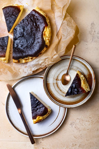 istock San Sebastian Basque Burnt Cheesecake.  Basque burnt cheesecake on baking paper. Top view 1368747113