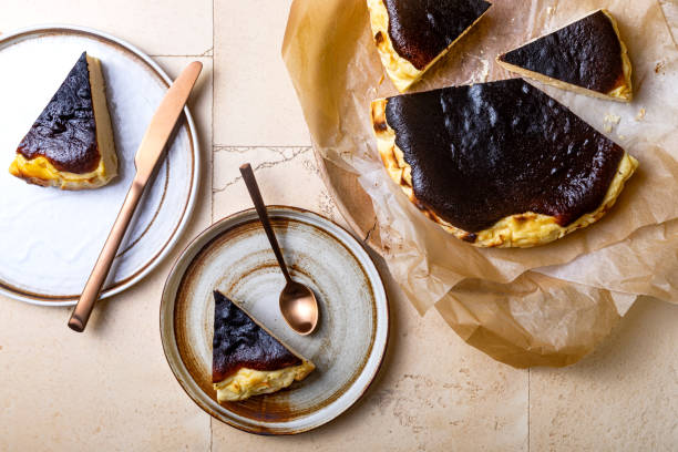 istock San Sebastian Basque Burnt Cheesecake.  Basque burnt cheesecake on baking paper. Top view 1368747119
