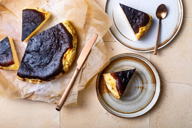 istock San Sebastian Basque Burnt Cheesecake.  Basque burnt cheesecake on baking paper. Top view 1368747120