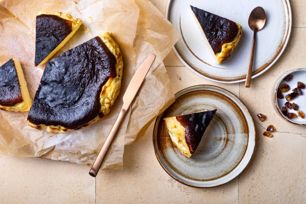 istock San Sebastian Basque Burnt Cheesecake.  Basque burnt cheesecake on baking paper. Top view 1368747150