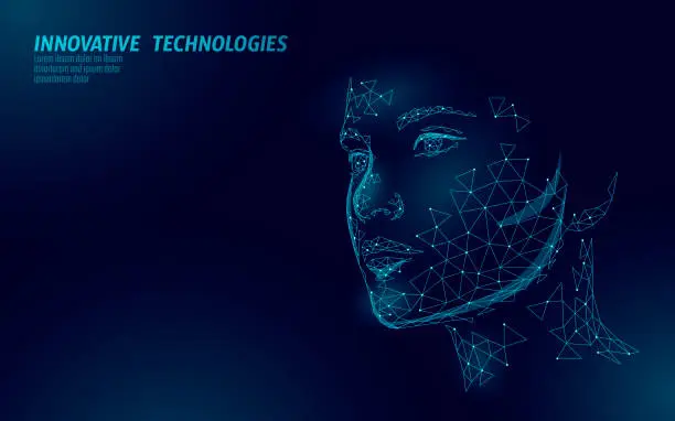 Vector illustration of Low poly female human face biometric identification. Recognition system concept. Personal data secure access scanning innovation technology. 3D polygonal rendering vector illustration