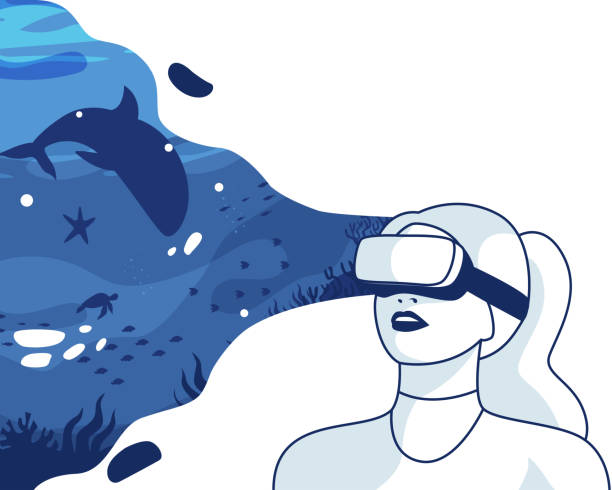 woman experiencing virtual reality using looking ocean. Metaverse digital cyber world technology vector background illustration woman experiencing virtual reality using looking ocean. Metaverse digital cyber world technology vector background illustration sea life isolated stock illustrations