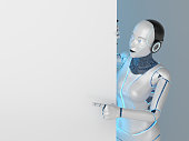 The robot looks at an empty white wall. 3D Render