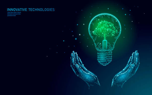 istock Two hands carrying light Bulb lamp saving energy ecology concept. Polygonal light blue sprout small plant seedling inside electricity green energy power banner vector illustration 1368750769