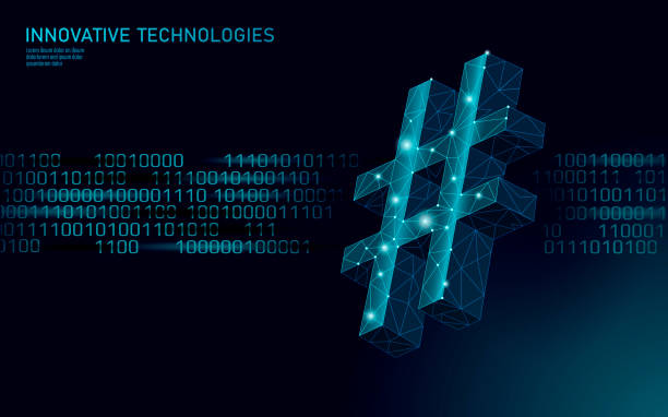 istock 3D hashtag symbol dark blue glowing low poly. Communication online social media share search posts. Information innovation web technology binary code flow vector illustration 1368750891