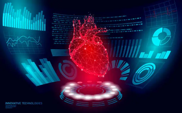 Vector illustration of 3D low poly human heart HUD display doctor online. Future technology medicine laboratory web examination. Blood system disease diagnostics futuristic UI vector illustration