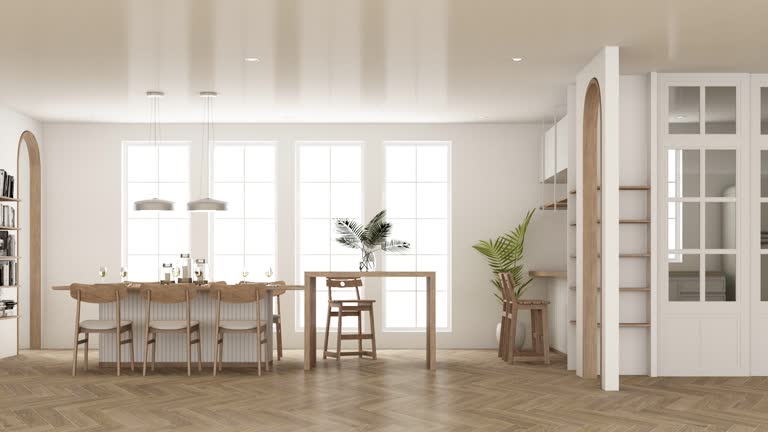 build up Interior in vintage minimalist style in the living dining  bedroom. using wood material and light gray cloth on parquet floor and arched walkways with large windows 3d render animation looped