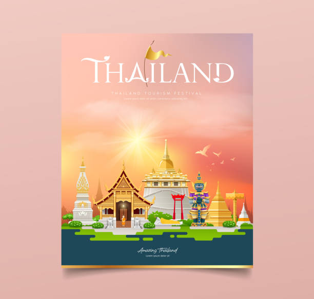 illustrazioni stock, clip art, cartoni animati e icone di tendenza di libro di copertina, thailandia architettura turismo festival design su nuvola e cielo tramonto sfondo arancione - thailand