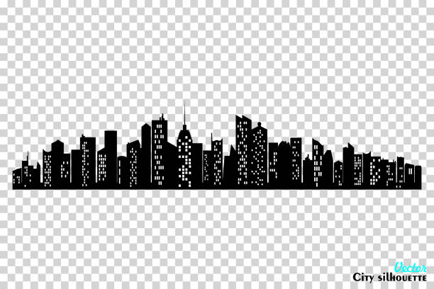 ilustraciones, imágenes clip art, dibujos animados e iconos de stock de silueta negra de la ciudad con ventanas sobre fondo transparente. horizonte horizontal en estilo plano. paisaje urbano vectorial, panorama urbano de la ciudad nocturna - new york city illustrations