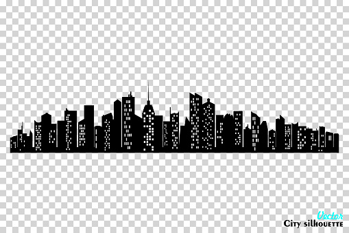 Black city silhouette with windows on transparent background. Horizontal skyline in flat style. Vector cityscape, urban panorama of night town.