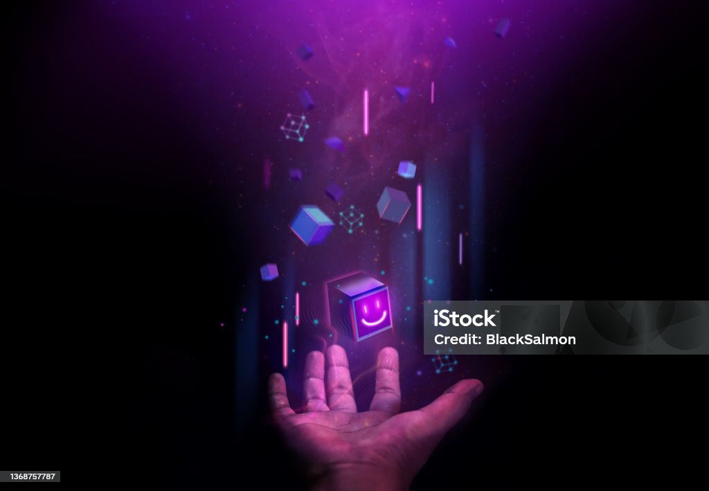 Web3, Blockchain Technology Concepts. Hand Levitating a Digital Smiling Box Icon and many Futuristic Graphic to Connecting the Universe. Space Elements from Nasa Web3 Stock Photo