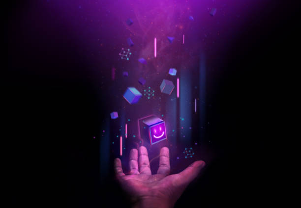 Web3, Blockchain Technology Concepts. Hand Levitating a Digital Smiling Box Icon and many Futuristic Graphic to Connecting the Universe. Space Elements from Nasa stock photo
