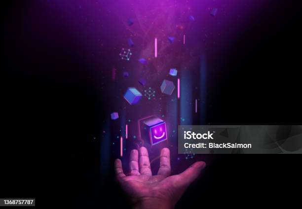 Web3 Blockchain Technology Concepts Hand Levitating A Digital Smiling Box Icon And Many Futuristic Graphic To Connecting The Universe Space Elements From Nasa Stock Photo - Download Image Now