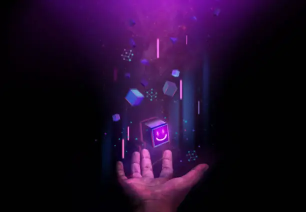 Web3, Blockchain Technology Concepts. Hand Levitating a Digital Smiling Box Icon and many Futuristic Graphic to Connecting the Universe. Space Elements from Nasa