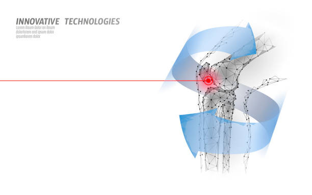 illustrations, cliparts, dessins animés et icônes de illustration vectorielle de modèle 3d d’articulation de genou humaine. faible poly conception future technologie guérir le traitement de la douleur. modèle bleu de médecine de jambe de corps d’homme de fond et de blessure rouge - human knee pain human spine human joint