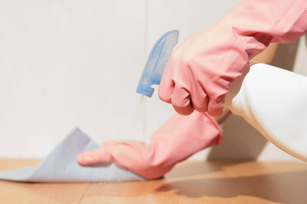 istock Cleaning with detergent spray, rubber gloves and kitchen towel in the hygienic work surface concept 1368758612