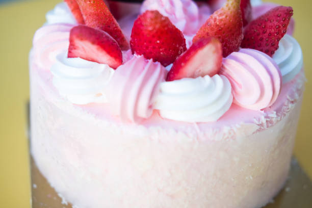 Delicious strawberry cake for party, close up