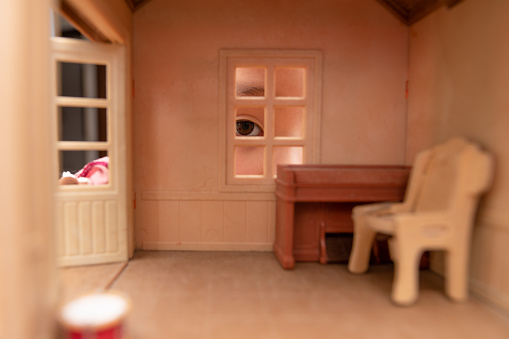 A child looking into a dollhouse through a window