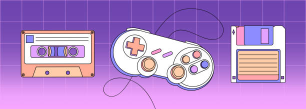 illustrations, cliparts, dessins animés et icônes de divers appareils rétroélectroniques: disquette ou disquette, cassette, manette de jeu. ensemble d’articles connexes des années 80 et 90, icônes vectorielles rétrowave et autocollant - joystick