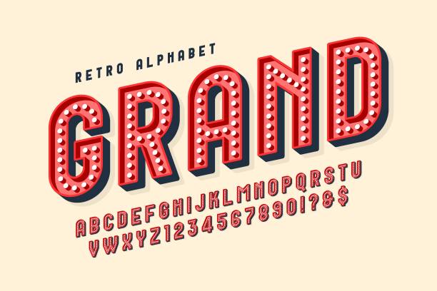 ilustraciones, imágenes clip art, dibujos animados e iconos de stock de retro mostrar diseño alfabético, cabaret, letras y números. - cabaret