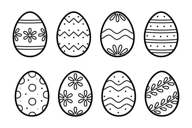 장식으로 설정된 부활절 달걀. 손으로 스케치 스타일에 간단한 아이콘을 그린. 낙서 선 스타일로 격리된 벡터 그림입니다. - easter egg stock illustrations