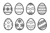Easter eggs set with ornament. Hand drawn simple icon in sketch style. Isolated vector illustration in doodle line style.