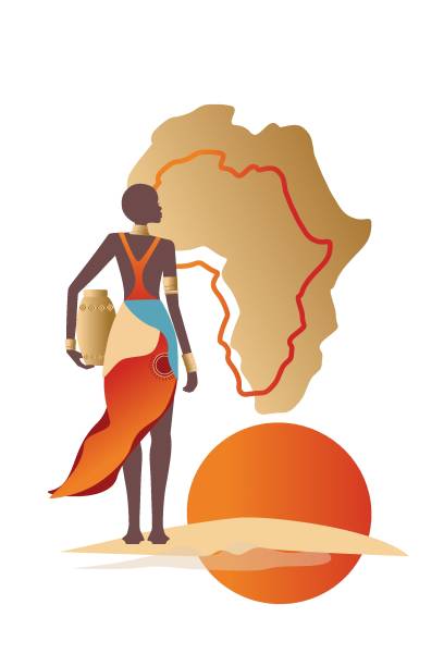 Symbol of the Africa. African continent acacia and traditional African woman. Vector, poster. Collection of contemporary art.  Poster in trendy style, African landscape vector art illustration