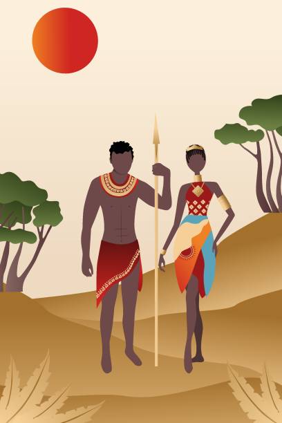 Vector, poster, african luxurious man with a spear and a woman. Collection of contemporary art. Abstract posters in minimalistic style. vector art illustration