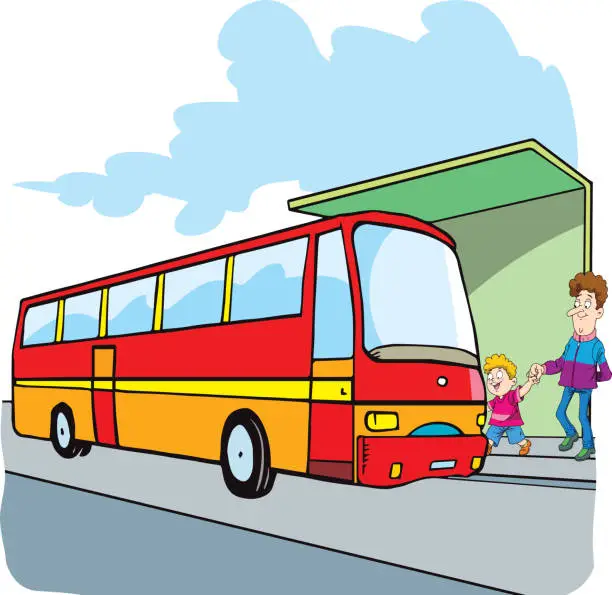 Vector illustration of Characters waiting vehicle at bus stop. Passengers and transportation.